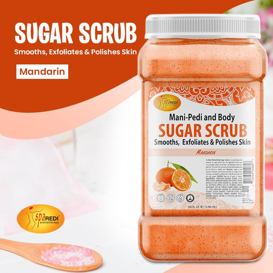 Close-up of SPA REDI Mandarin Sugar Scrub texture showing gritty exfoliation.