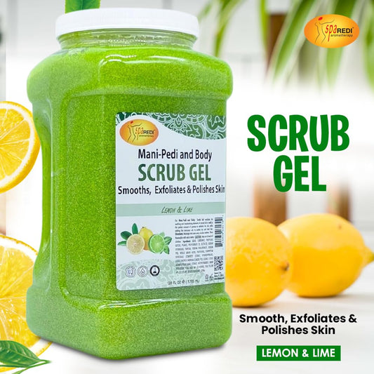 Spa Redi scrub gel texture closeup with pumice particles for gentle exfoliation