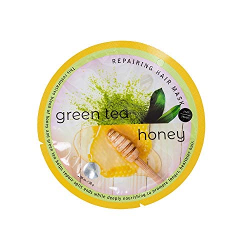 SpaLife Green Tea Honey-infused mask image emphasizes strengthened hair without breakage.