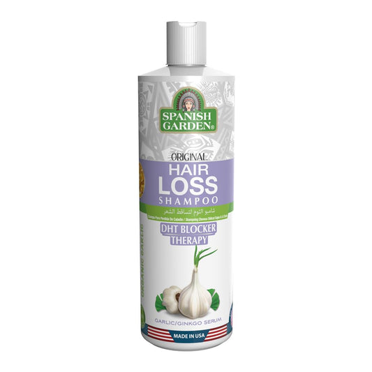 Spanish Garden Hair Loss Shampoo bottle shows a nourishing, gentle cleansing formula