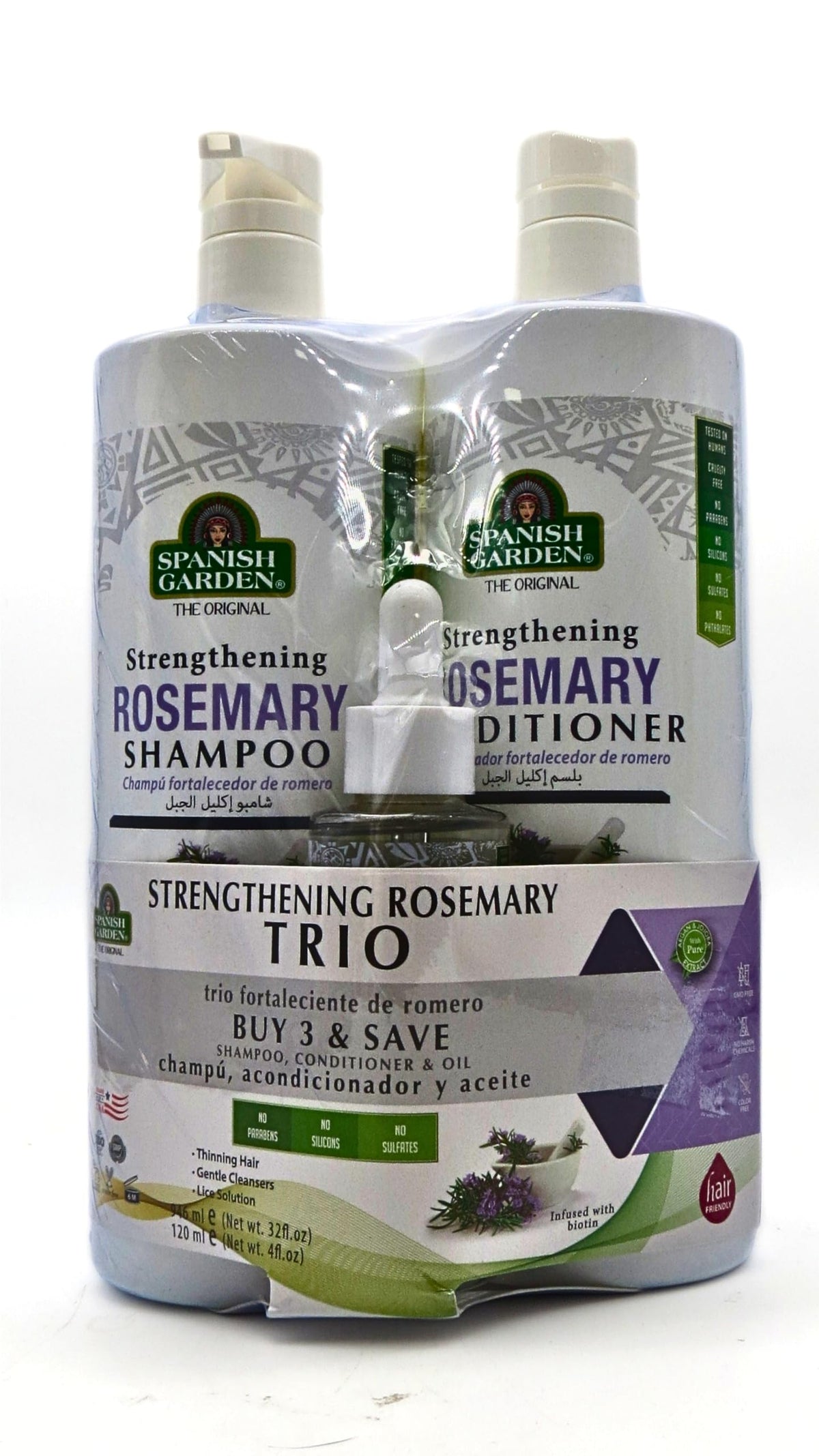 Spanish Garden Rosemary Shampoo bottle for cleansing and scalp support.