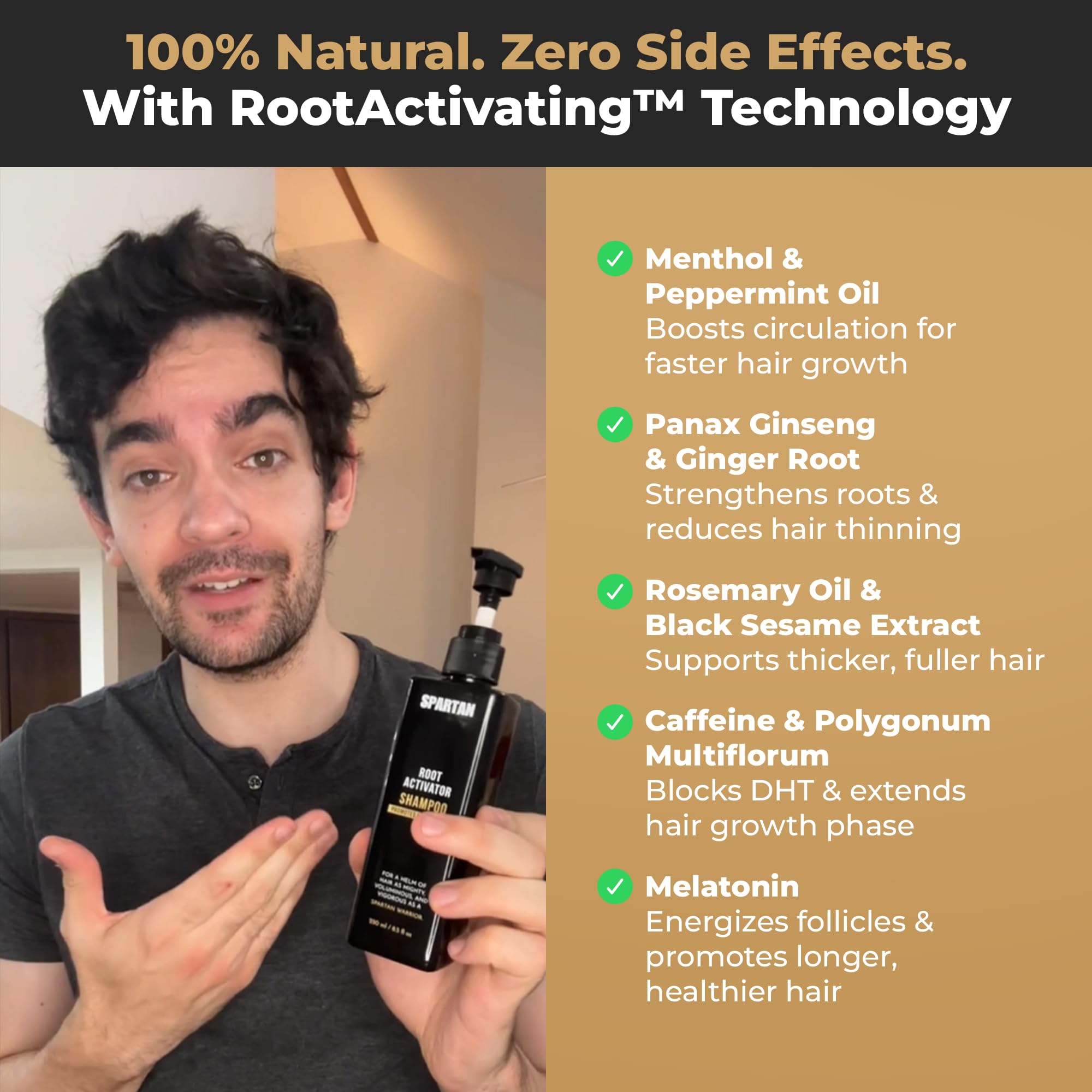 SPARTAN Root Activator Shampoo leaf extract illustration highlights natural ingredients.
