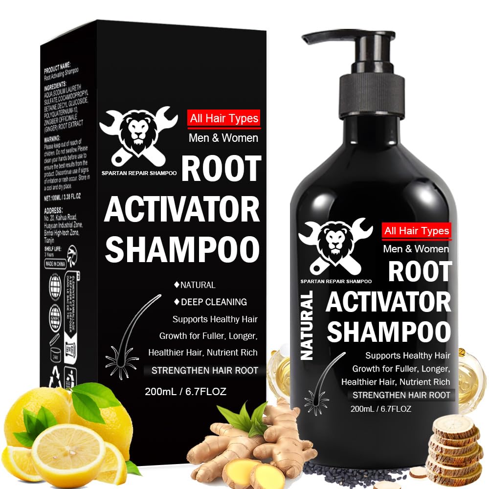 SPARTAN REPAIR SHAMPOO root-activator bottle promotes fuller-looking hair and scalp nourishment.