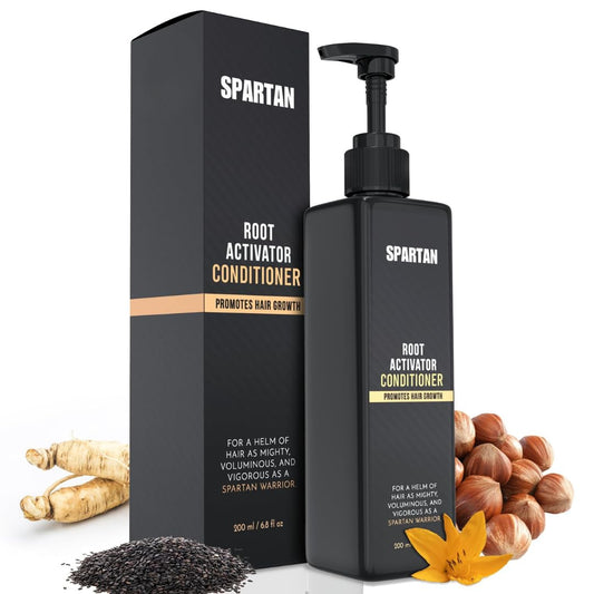 Spartan Root Activator Conditioner bottle being poured for nourished scalp support.