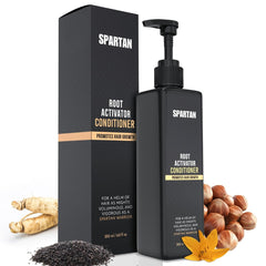 Spartan Root Activator Conditioner bottle being poured for nourished scalp support.