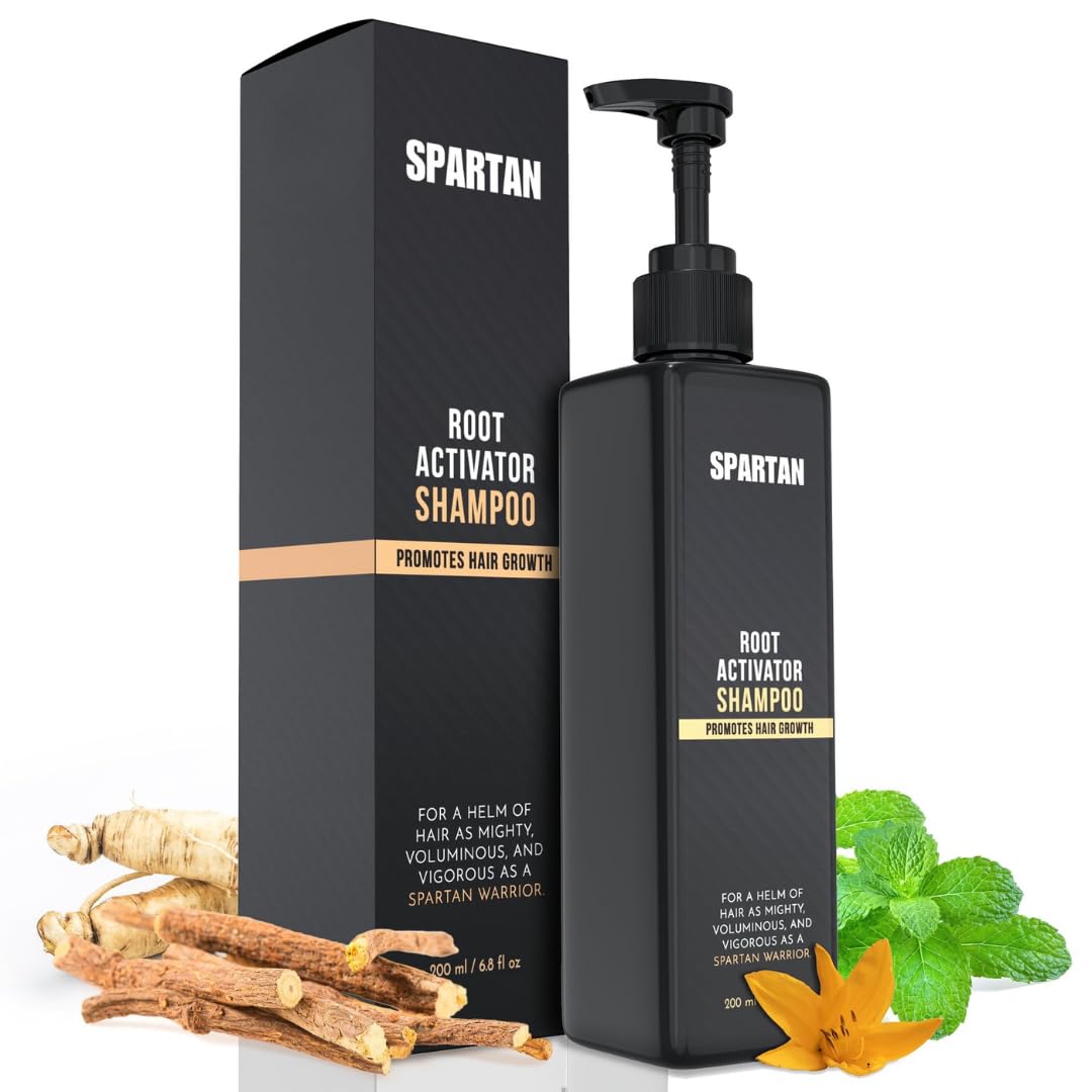 SPARTAN Root Activator Shampoo bottle closeup for men's hair health.