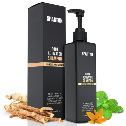 SPARTAN Root Activator Shampoo bottle closeup for men's hair health.