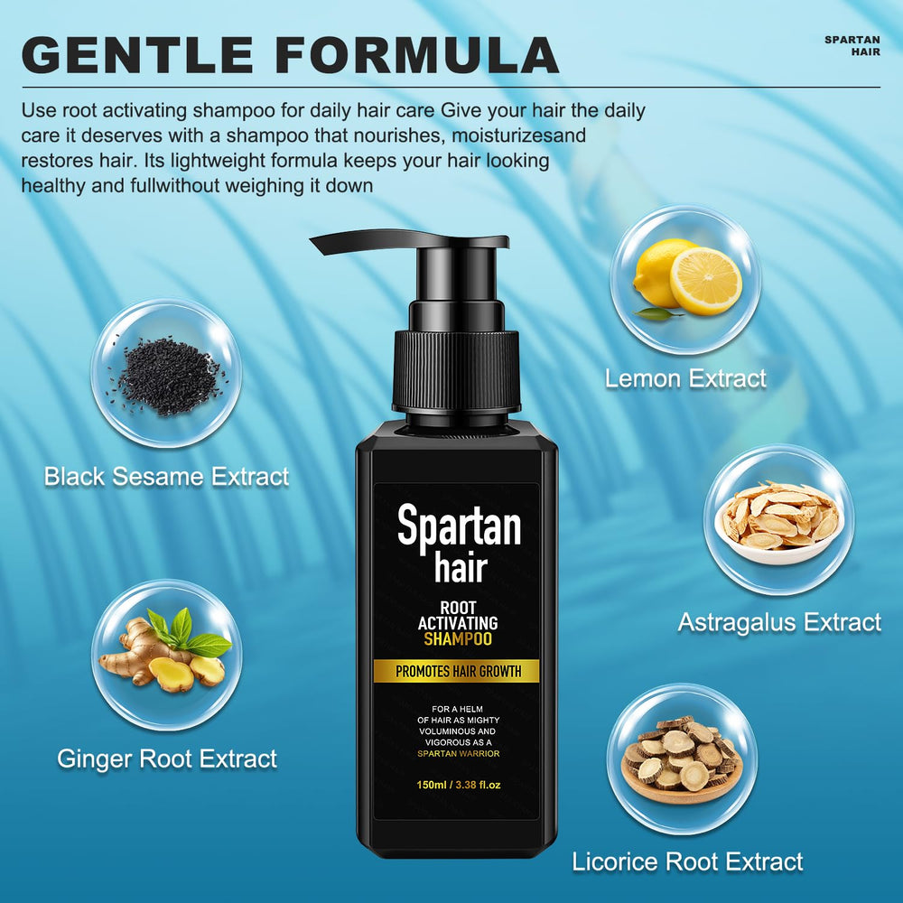 SPARTAN HAIR shampoo bottle closeup emphasizes plant-based cleansing