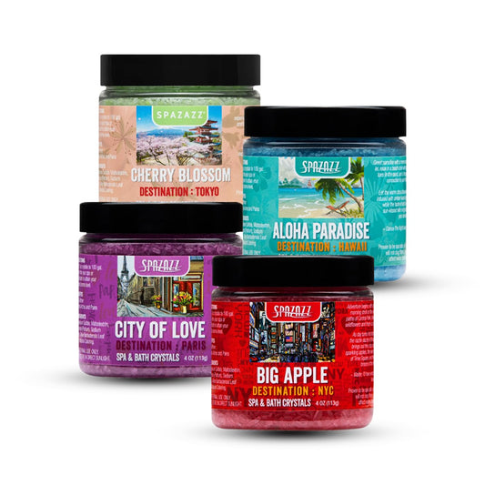 Spazazz Aloha Paradise bath salts crystals in a hot tub for tropical relaxation.
