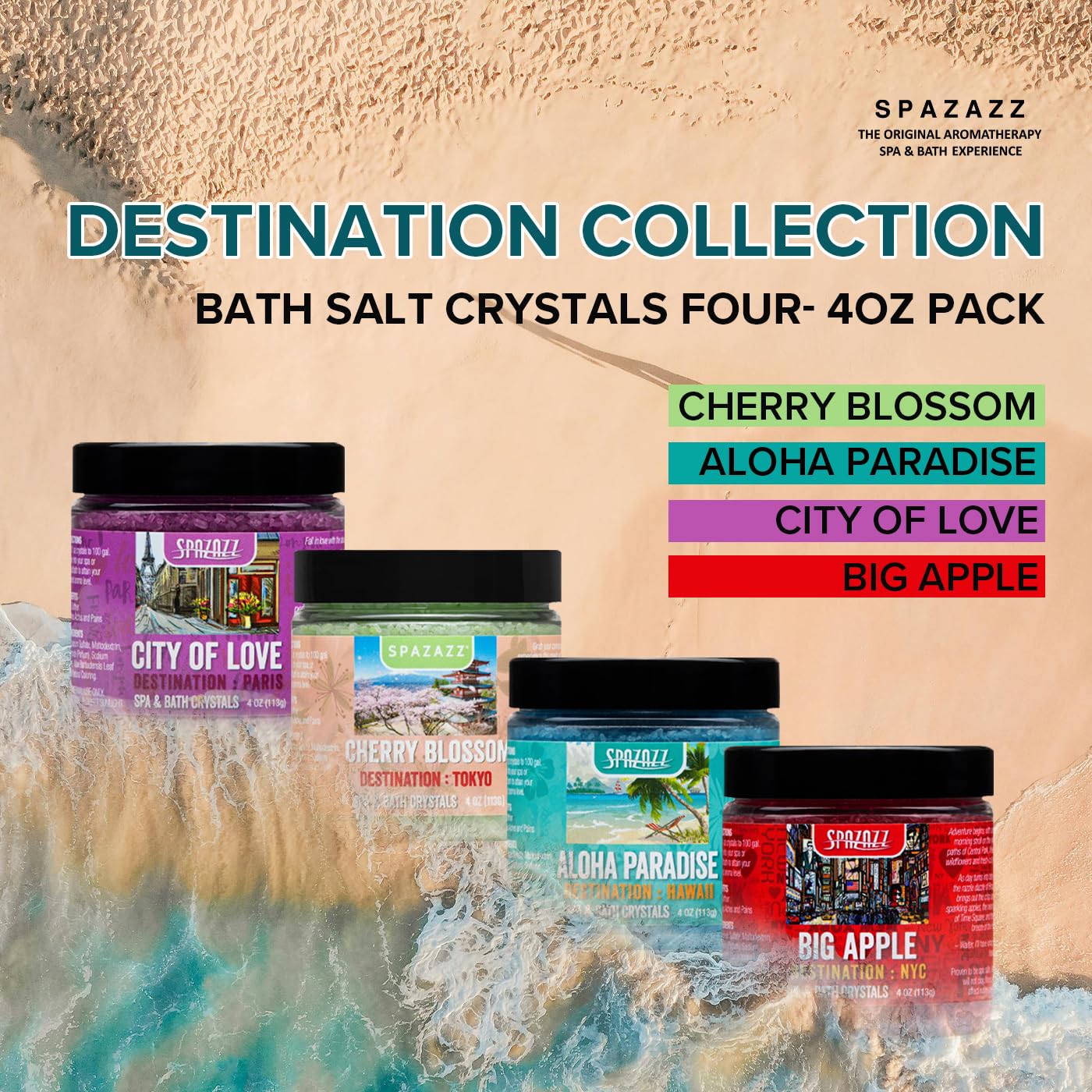 Spazazz destination bottles and crystals showcase premium aromatherapy in a tub.
