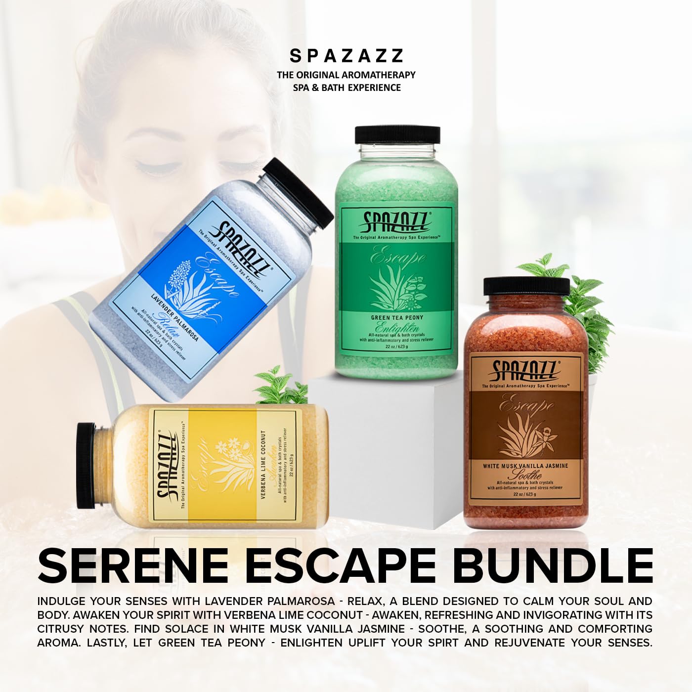 Spazazz Escape green-tea-peony salts deliver a soothing spa-like ambiance.