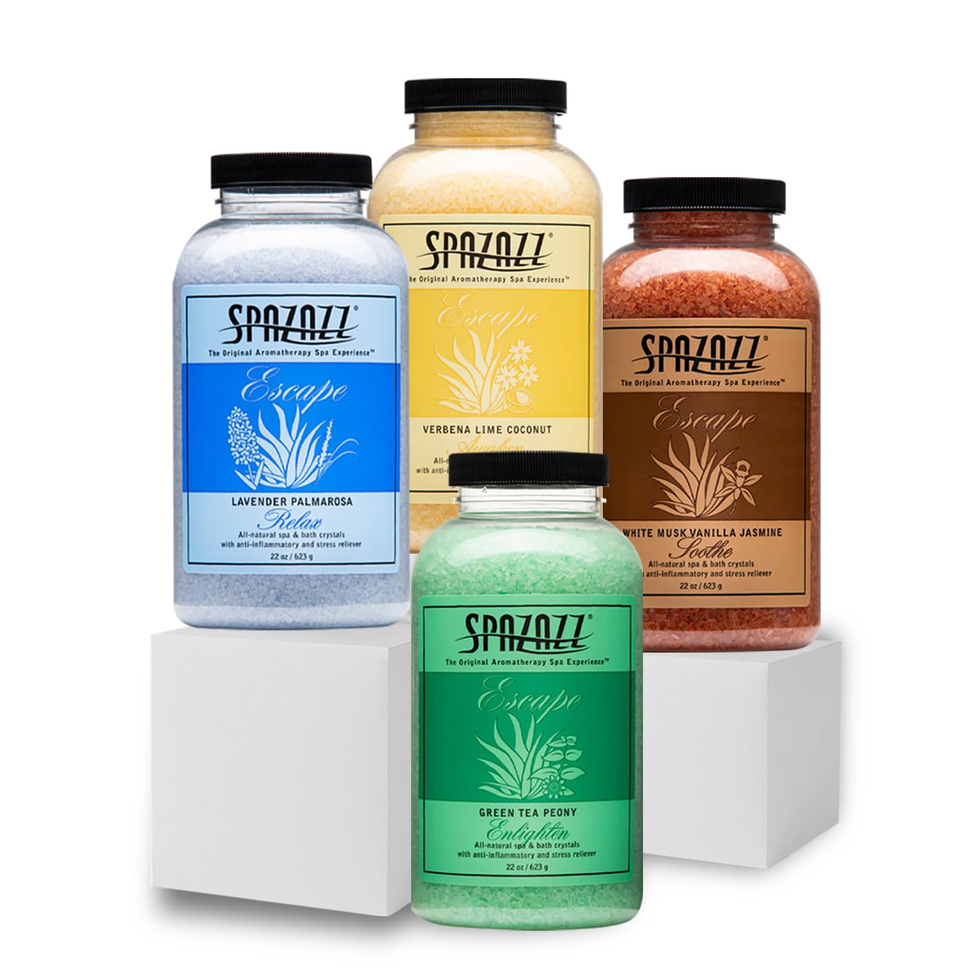 Spazazz Escape lavender-palmarosa salts show calming aroma for a relaxing bath.