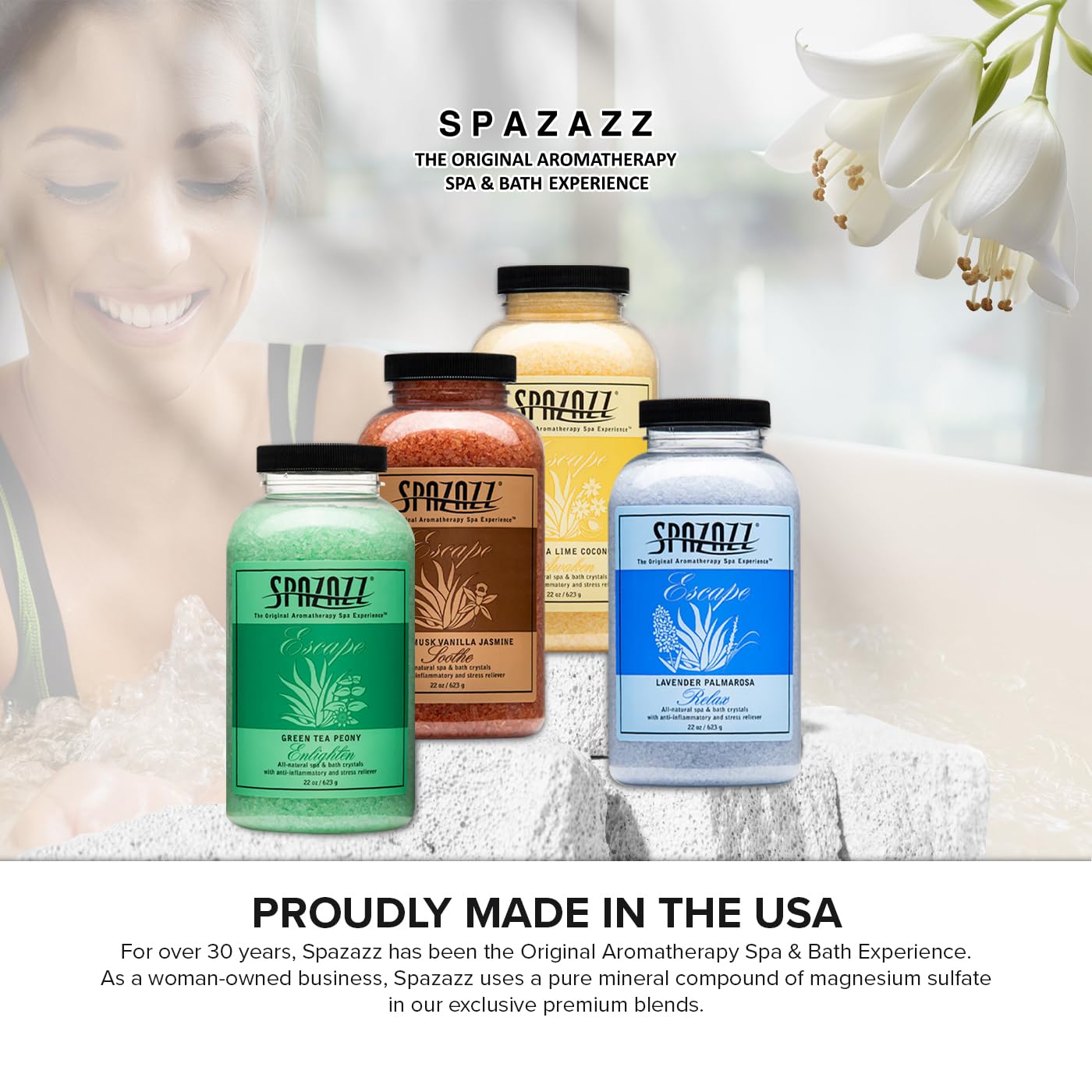Spazazz Escape scoop-dispensing design makes dosing simple.