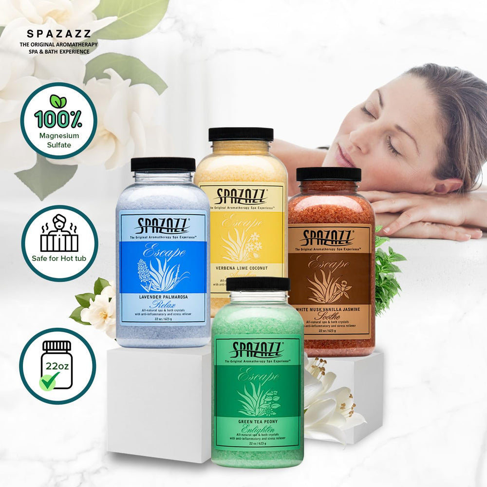 Spazazz Escape verbena-lime-coconut salts brighten the bathroom with citrus zest.