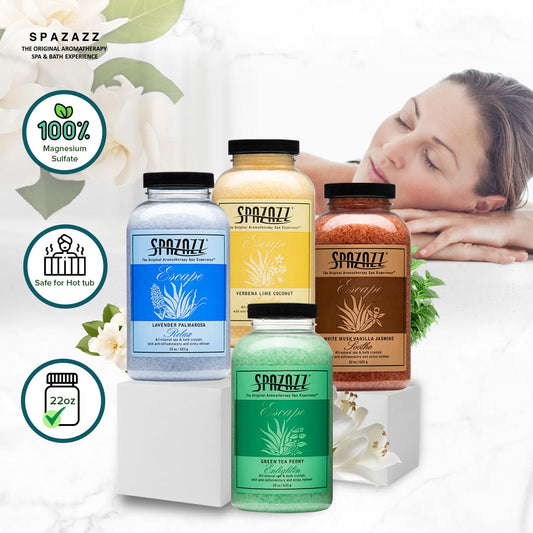 Spazazz Escape verbena-lime-coconut salts brighten the bathroom with citrus zest.