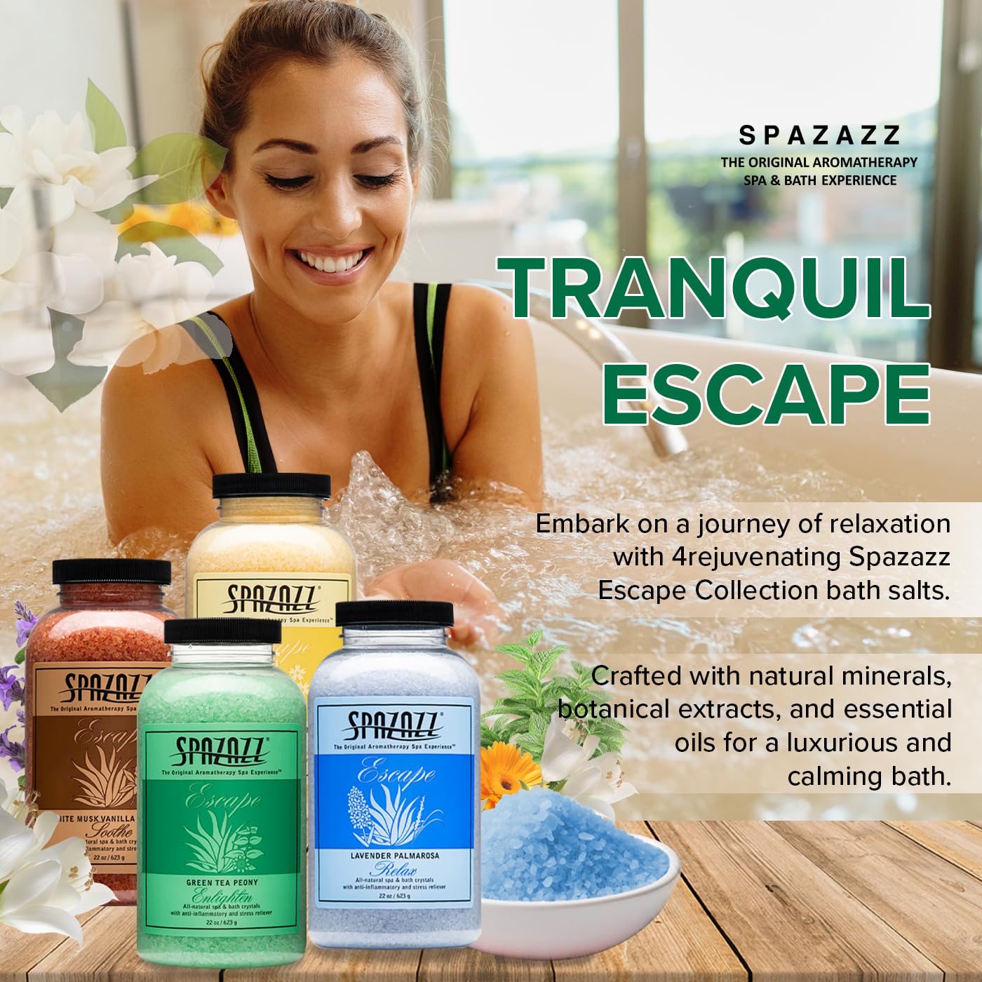 Spazazz Escape white-musk-vanilla-jasmine salts provide cozy warmth and aroma.