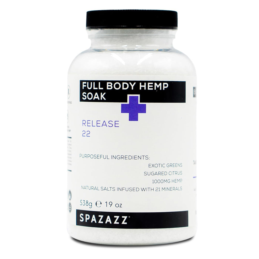Spazazz Full Body Hemp Soak bottle cap shows premium spa bath salts for relaxation.