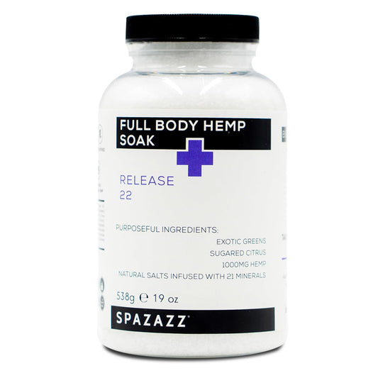 Spazazz Full Body Hemp Soak bottle cap shows premium spa bath salts for relaxation.
