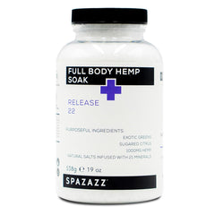 Spazazz Full Body Hemp Soak bottle cap shows premium spa bath salts for relaxation.