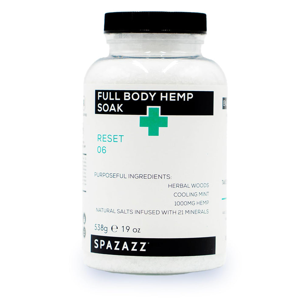 Spazazz Full Body Hemp Soak bottle promotes a relaxing spa-like bath experience