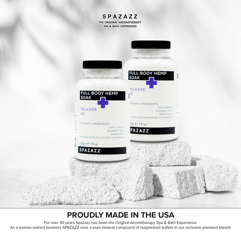Spazazz Full Body Hemp Soak brand logo reinforces trusted USA-made line.