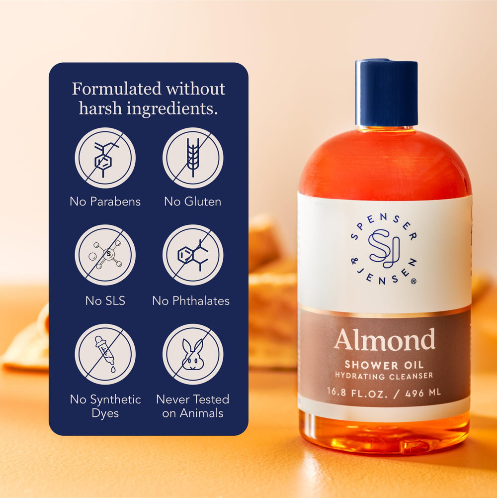 Spenser & Jensen Hydrating Almond Shower Oil ingredients highlight almond oil content