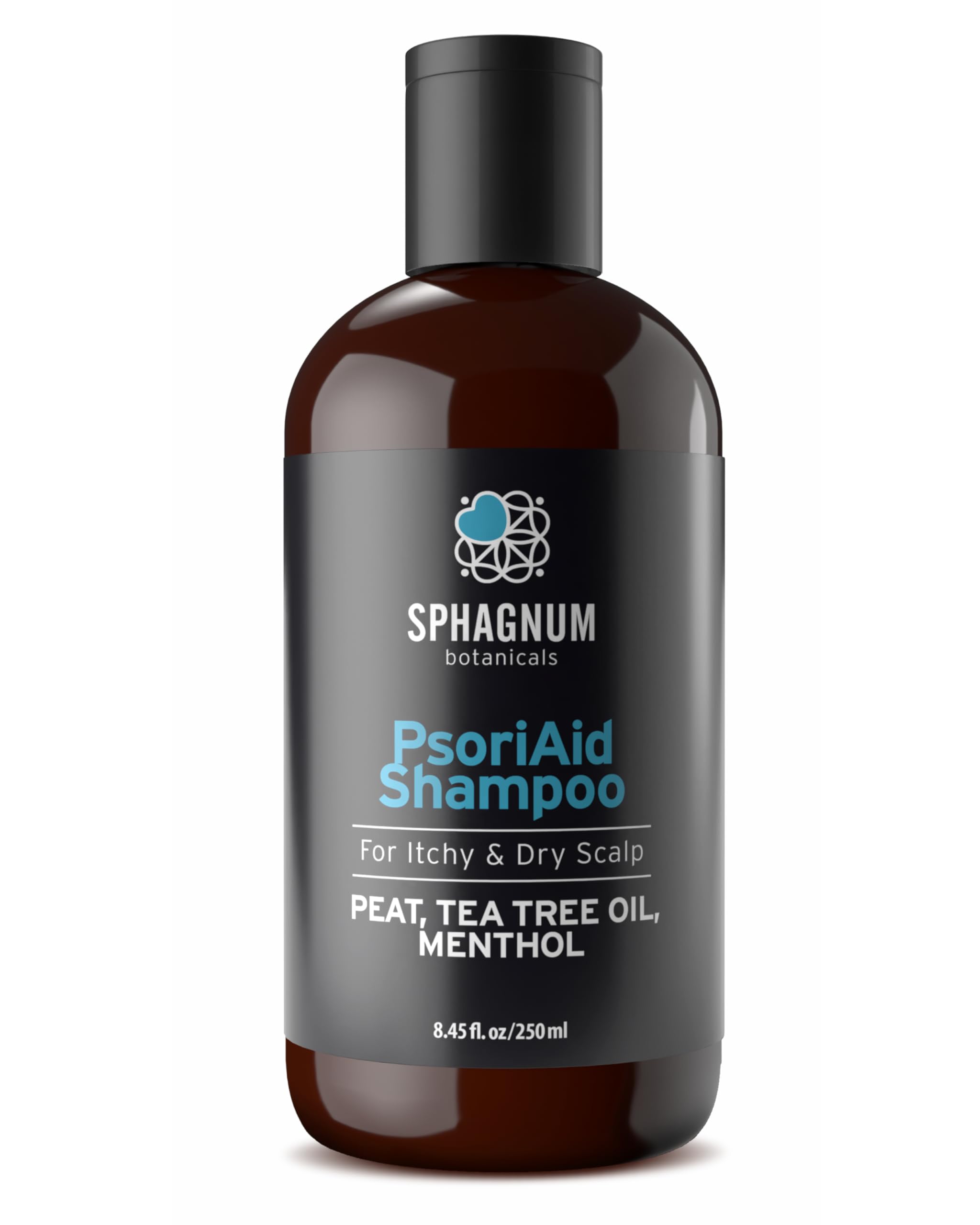 Sphagnum Botanicals psoriasis shampoo bottle with peat mud for soothing scalp.