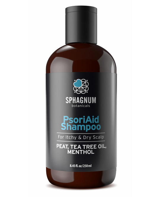 Sphagnum Botanicals psoriasis shampoo bottle with peat mud for soothing scalp.