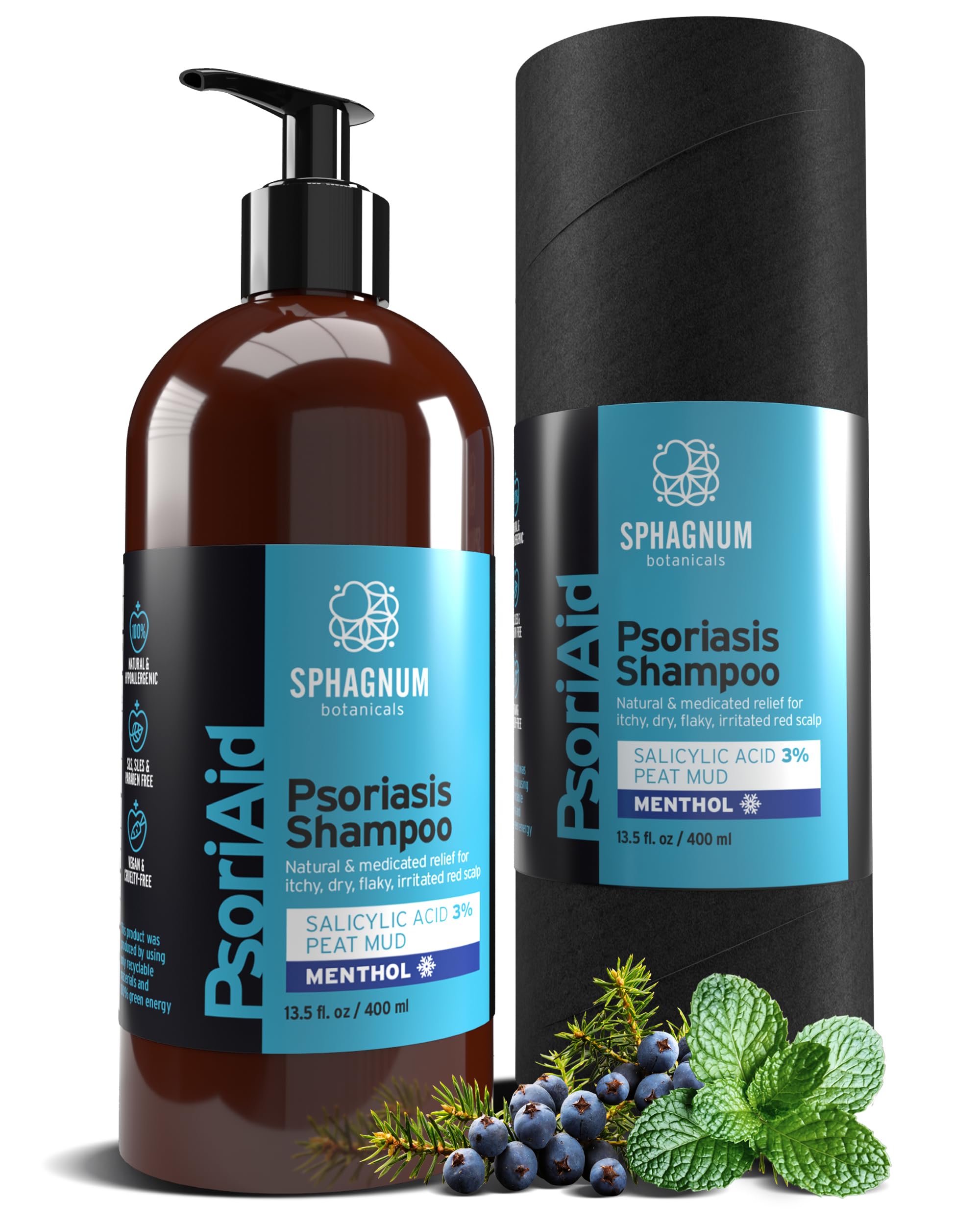 Sphagnum Botanicals psoriasis shampoo bottle for calming itchy scalp relief