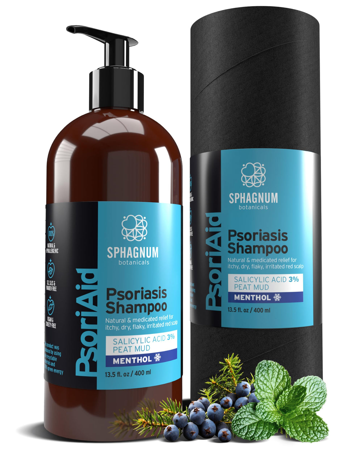 Sphagnum Botanicals psoriasis shampoo bottle for calming itchy scalp relief