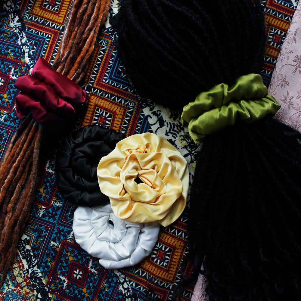 Spiral Lock Hair Tie extralarge close-up reveals stitching and handmade quality.