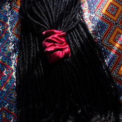 Spiral Lock Hair Tie extralarge shown on model with colorful options.