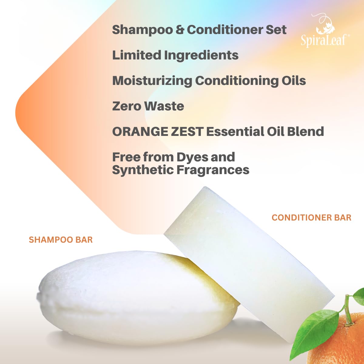 Spiraleaf Orange Zest conditioner bar for moisture and silky hair with minimal ingredients.