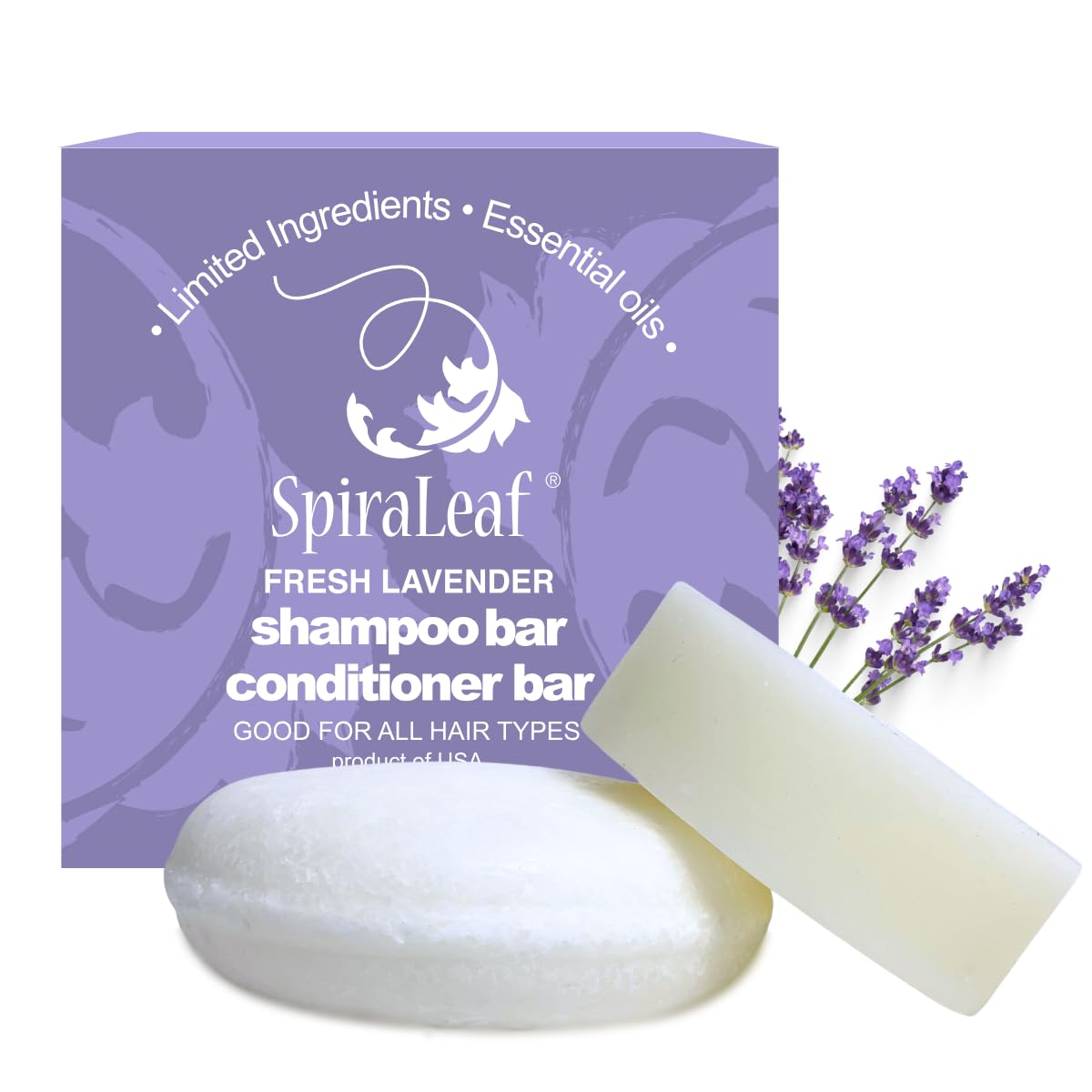 SpiraLeaf shampoo bar with lavender-bergamot blend for refreshed hair and scalp.