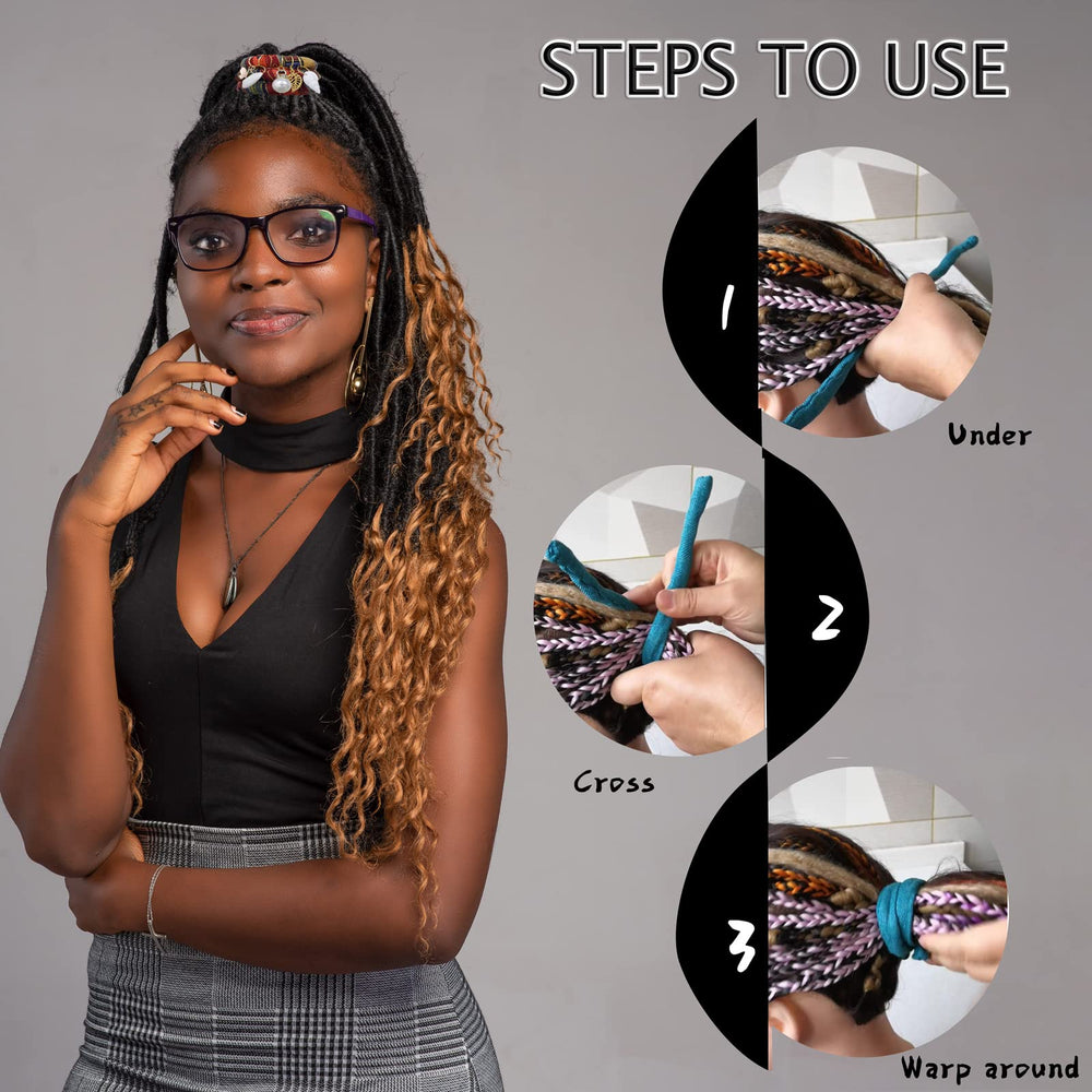 Close-up of Spira Lock 20-inch colorful wrap on dreadlocks