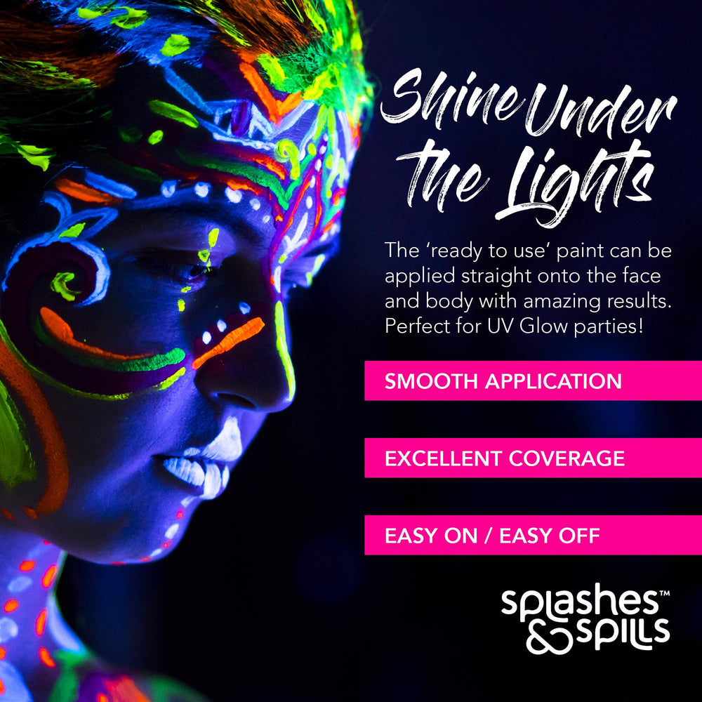 Splashes & Spills UV paint in pink tube for bold, eye-catching blacklight designs.