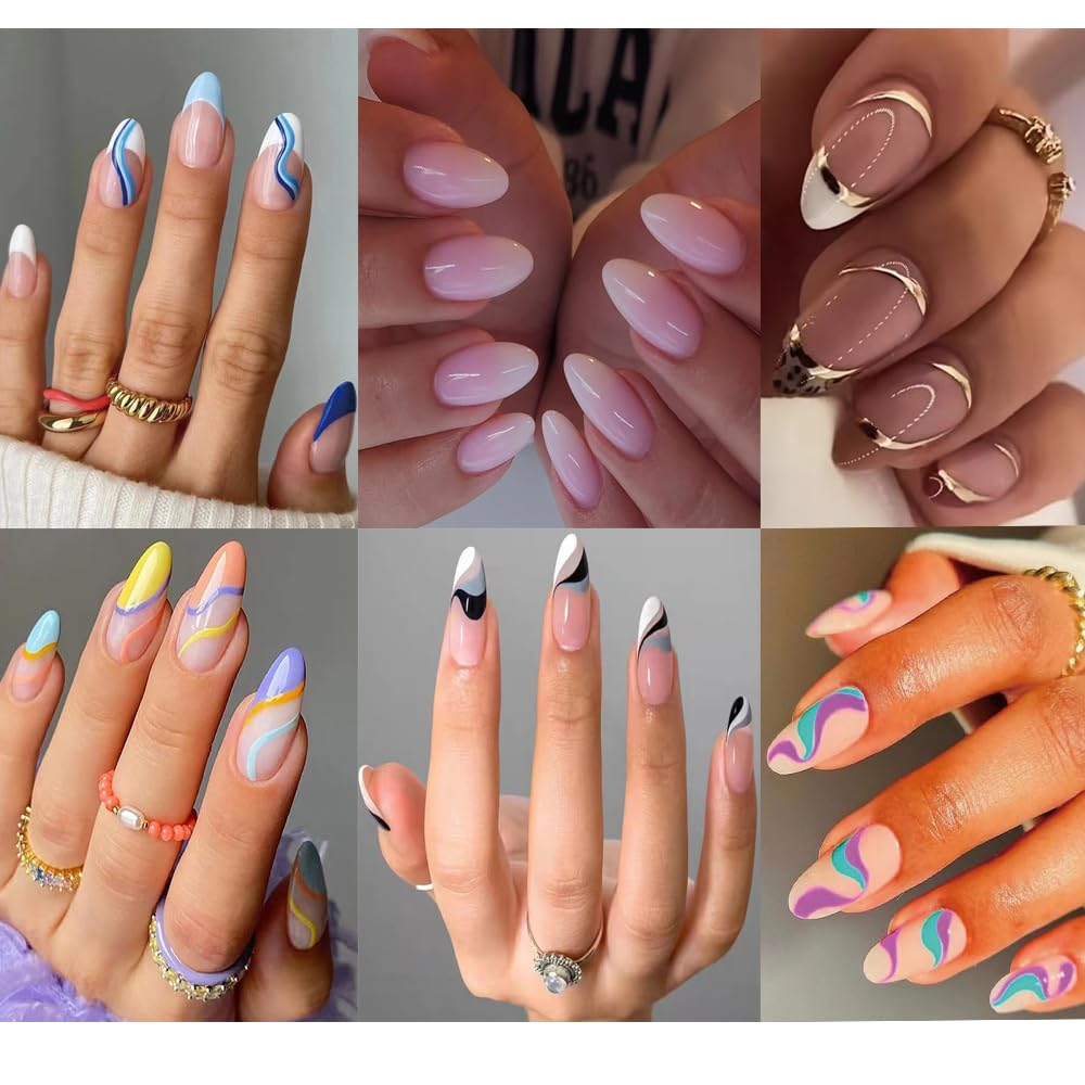 SPLOCUDU 6-pack almond-shaped nails with gold-line french-tip for at-home salon look