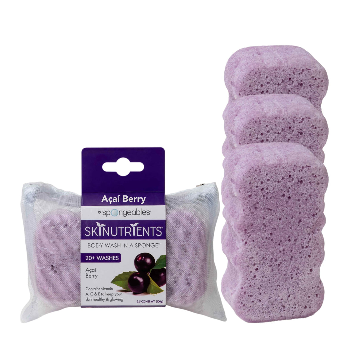 Spongeables Acai Berry sponge infused with cleanser for a spa-like shower