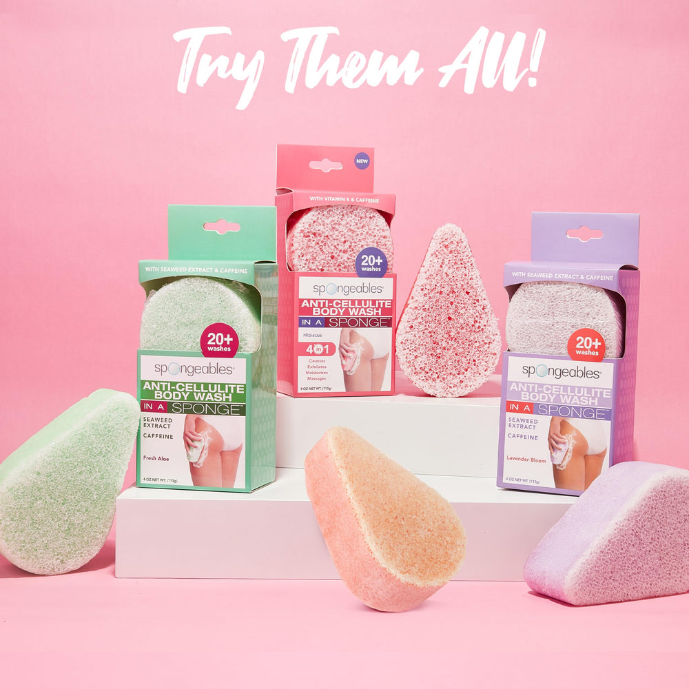 Spongeables Pedi Scrub lavender sponge 6-count packaging keeps skin pampered.