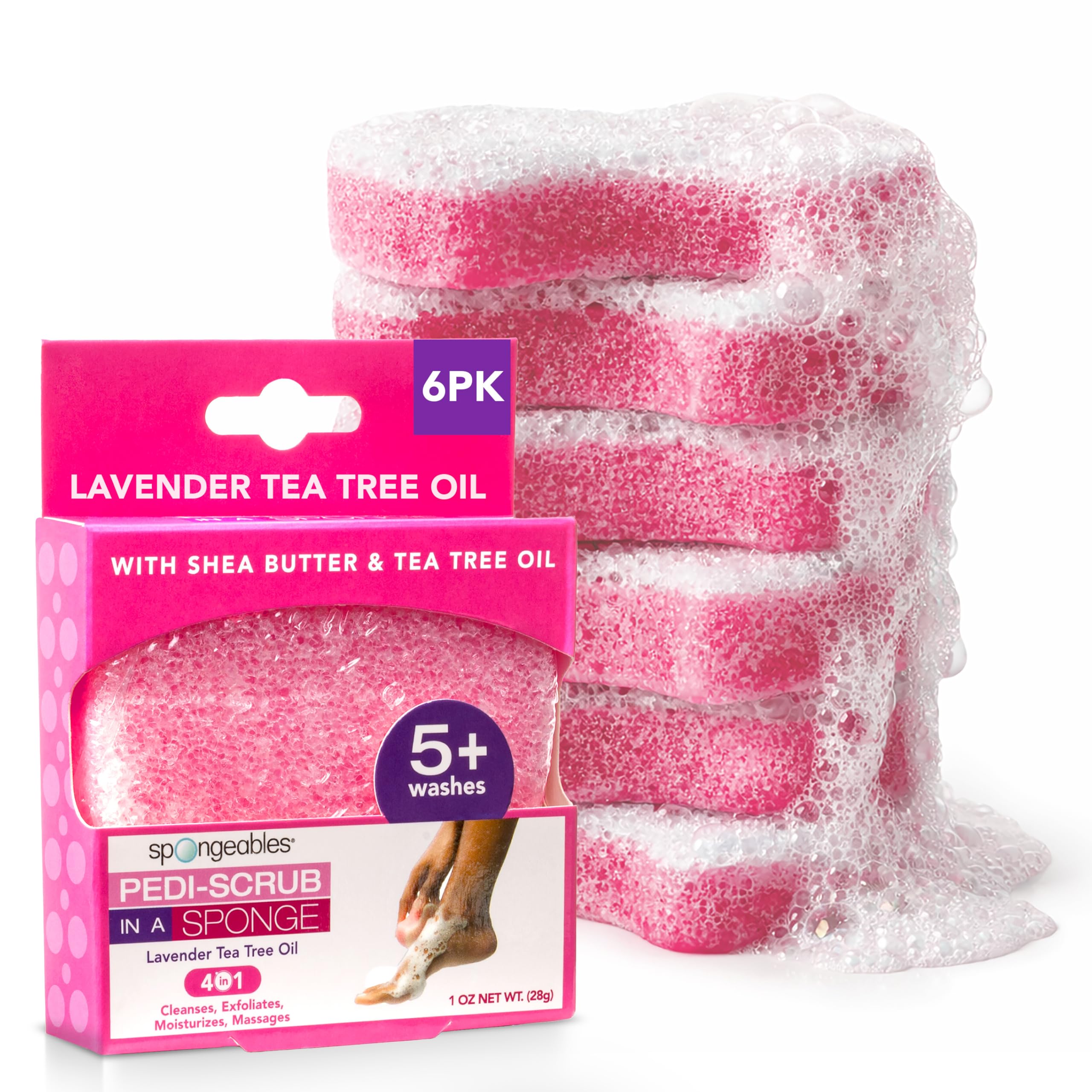 Spongeables Pedi Scrub lavender sponge for a gentle foot cleanse with exfoliation.