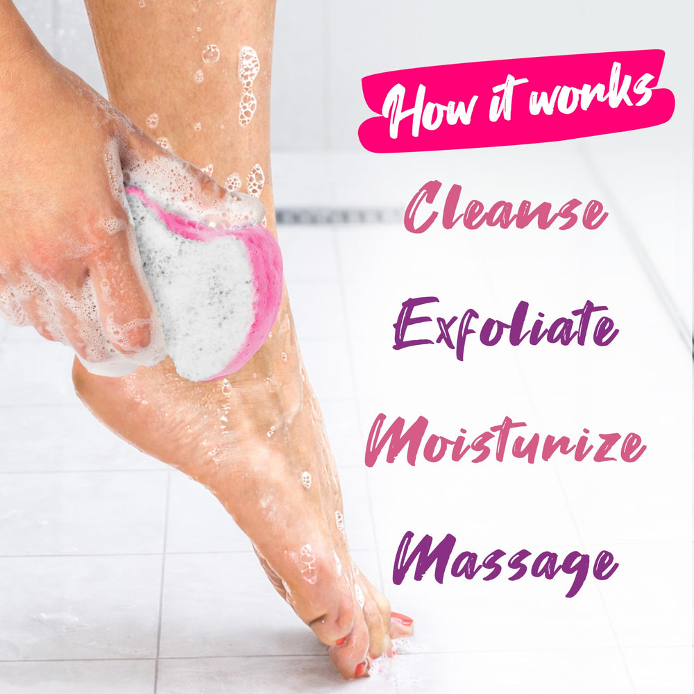 Spongeables Pedi Scrub lavender sponge releases rich lather when wet.