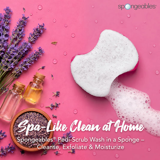 Spongeables Pedi Scrub lavender sponge smooth side for massage action.