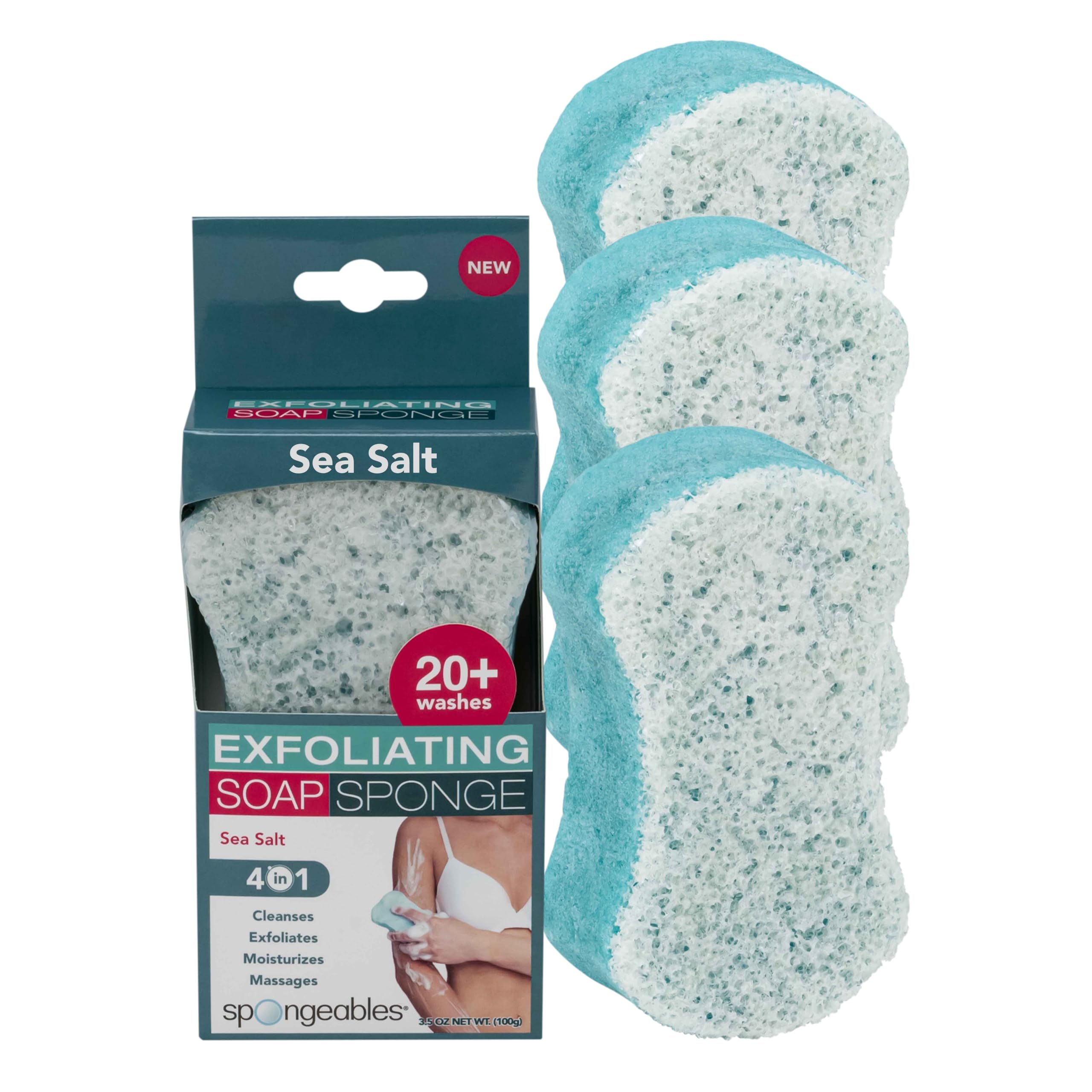 Spongeables sea-salt wash sponge displaying rich lather for spa-like cleansing.