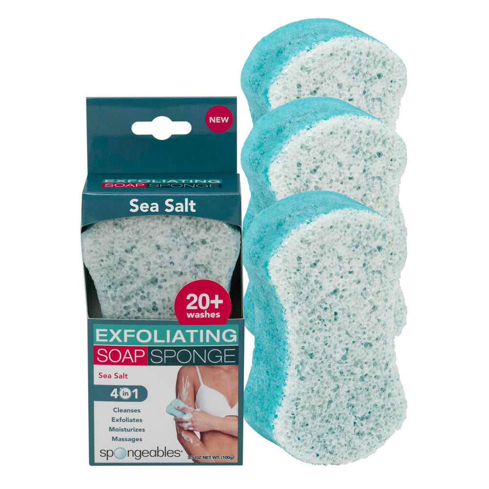 Spongeables sea-salt wash sponge displaying rich lather for spa-like cleansing.