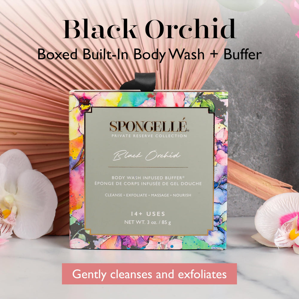 SPONGELLÉ Black Orchid Buffer with handle loofah for easy scrubbing