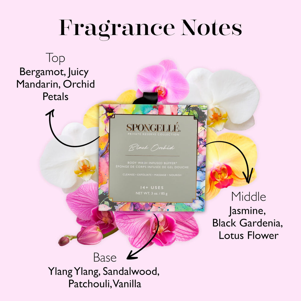 SPONGELLÉ Black Orchid Buffer lavender infusion enhances the shower aroma