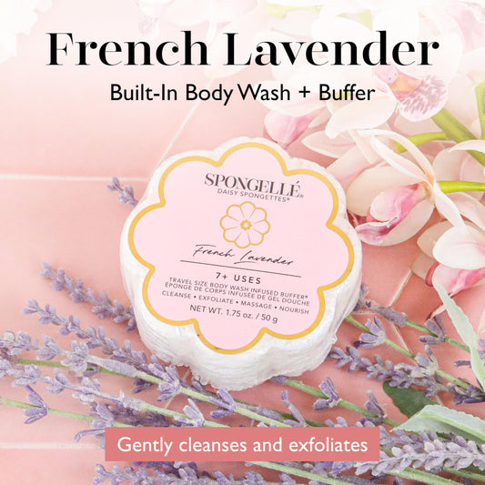 Close-up of SPONGELLÉ Daisy Spongette French Lavender texture for gentle cleansing.
