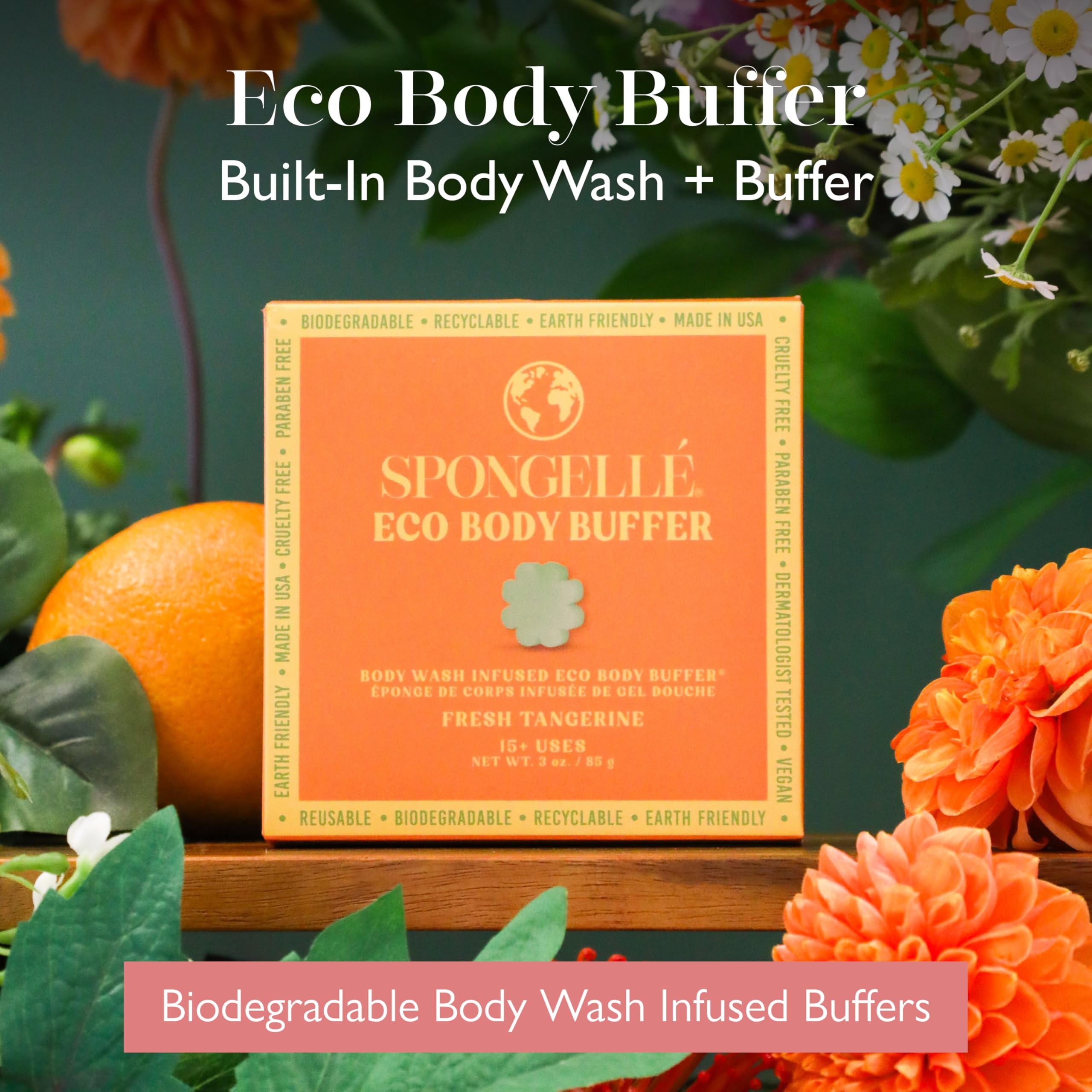 Spongellé Fresh Tangerine fragrance close-up highlighting grapefruit and orange blossom notes for uplifting showers