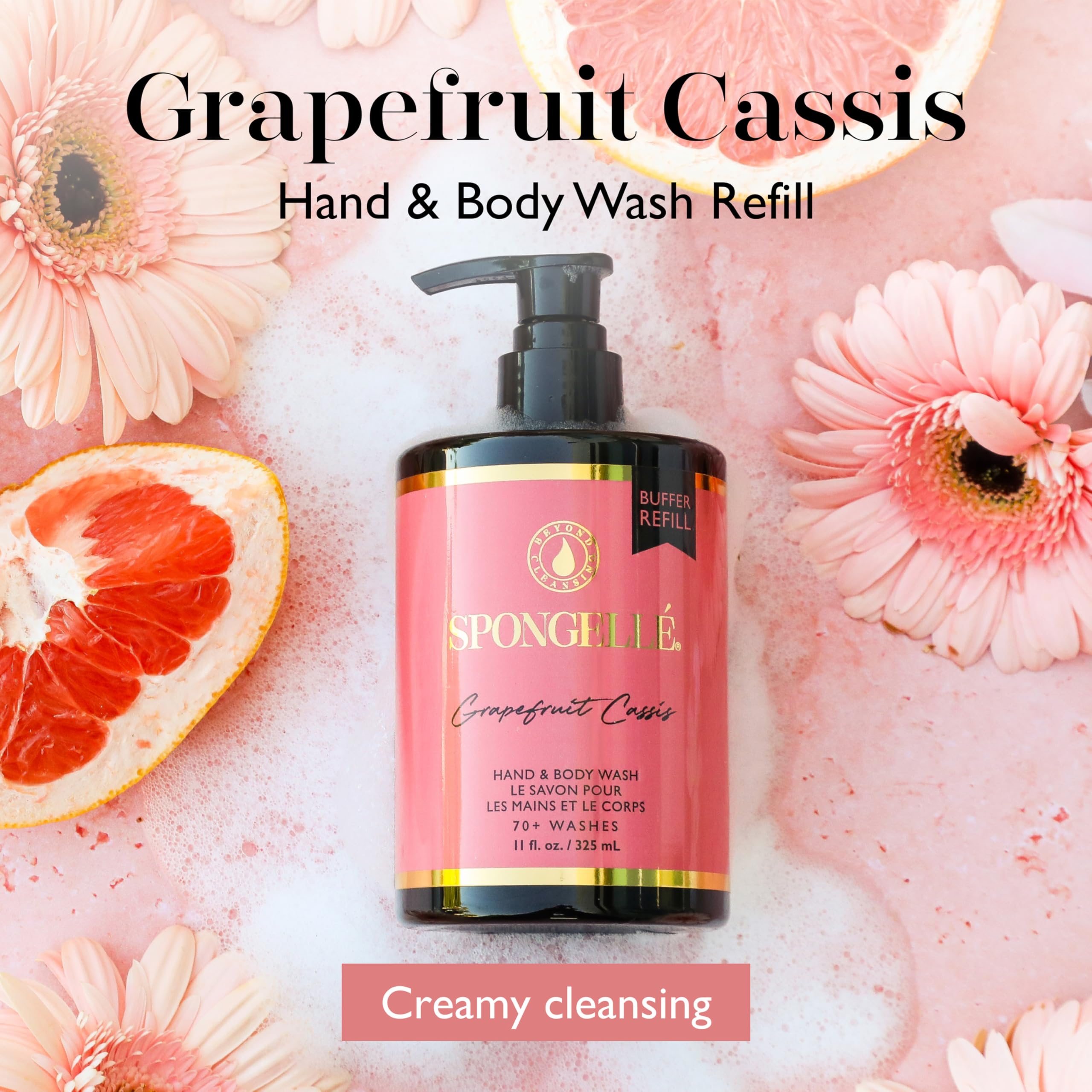 Spongellé Grapefruit Cassis pump close-up shows easy, consistent cleansing.