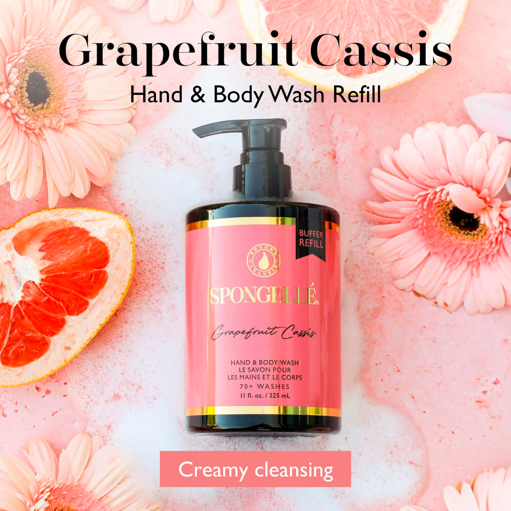 Spongellé Grapefruit Cassis pump close-up shows easy, consistent cleansing.